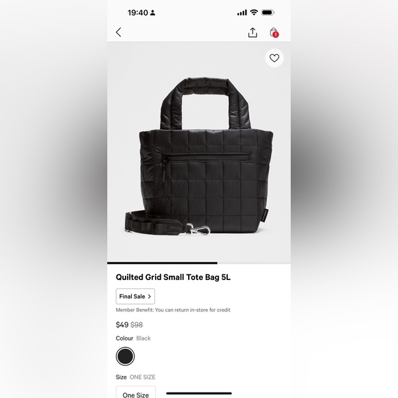 LULULEMON Black Quilted Tote Bag 5L - Picture 2 of 6